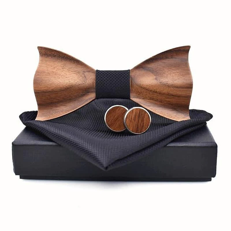 3Pcs Men's Small Checkered Wooden Bow Tie Set - Image 7