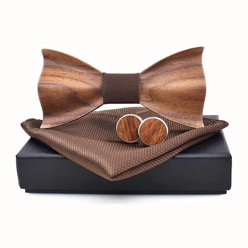 3Pcs Men's Small Checkered Wooden Bow Tie Set - Image 9