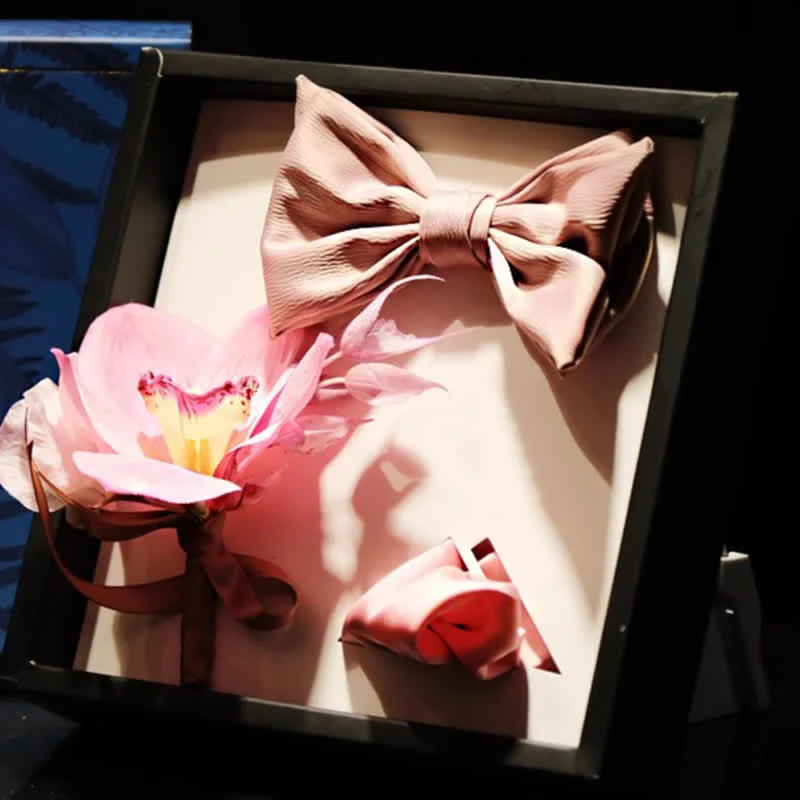 3Pcs Men's Smoky Pink Brooch Handkerchief Fishtail Bow Tie Set - Image 2