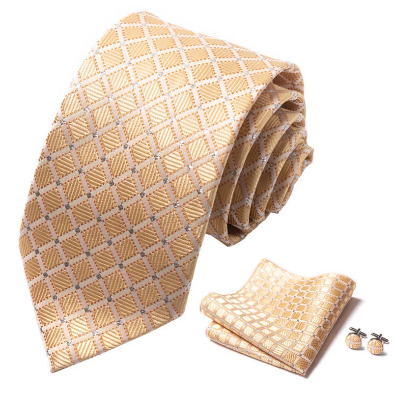 3Pcs Men's Tasteful Gold & Bisque Checked Necktie Set - Image 2