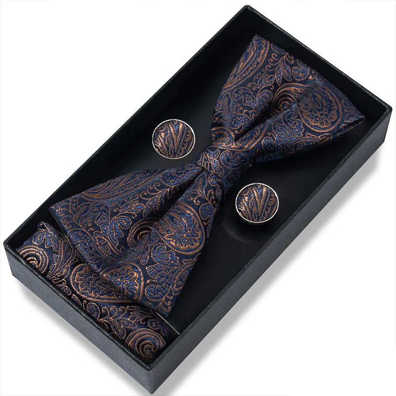 3Pcs Men's Textured Fabric Bow Tie Cufflink And Pocket Square Set