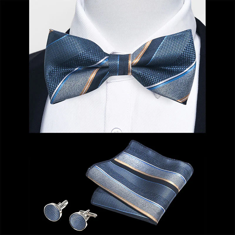3Pcs Men's Textured Fabric Bow Tie Cufflink And Pocket Square Set - Image 102