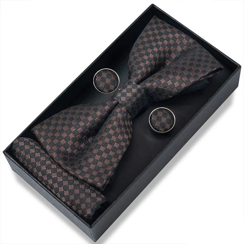 3Pcs Men's Textured Fabric Bow Tie Cufflink And Pocket Square Set - Image 103