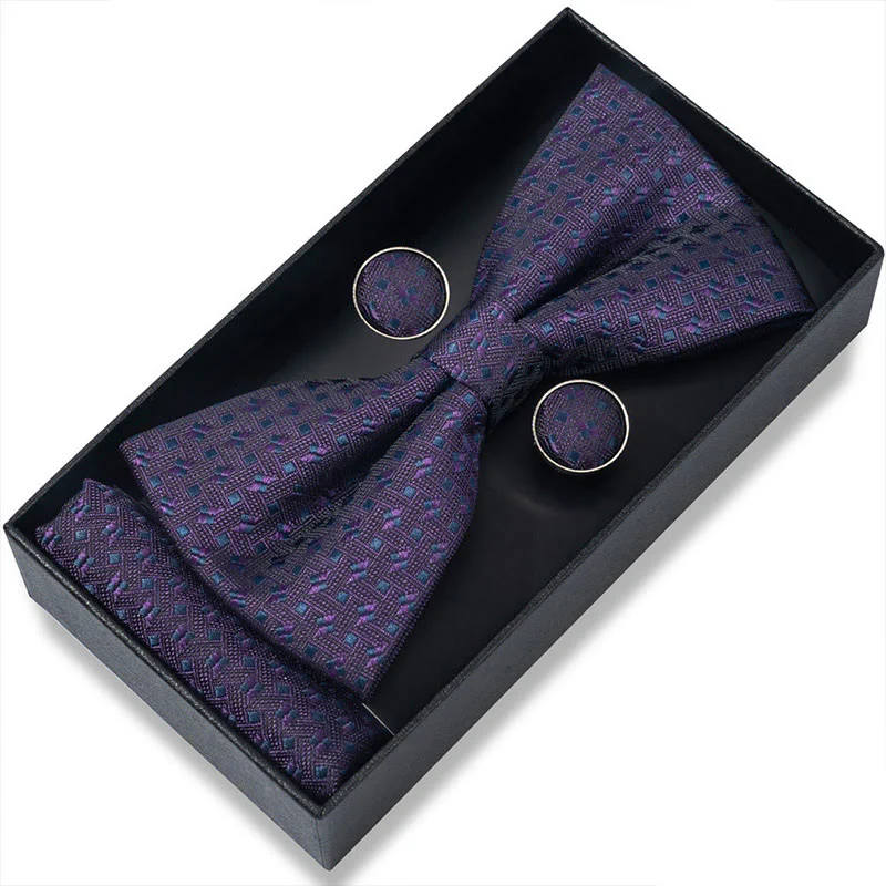 3Pcs Men's Textured Fabric Bow Tie Cufflink And Pocket Square Set - Image 105