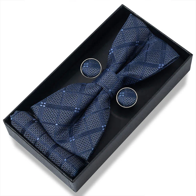 3Pcs Men's Textured Fabric Bow Tie Cufflink And Pocket Square Set - Image 11