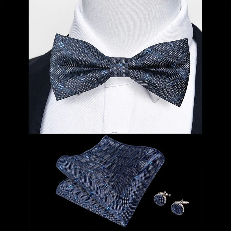 3Pcs Men's Textured Fabric Bow Tie Cufflink And Pocket Square Set - Image 12