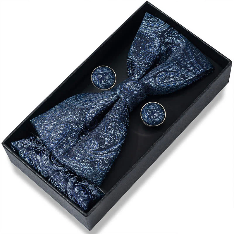 3Pcs Men's Textured Fabric Bow Tie Cufflink And Pocket Square Set - Image 13