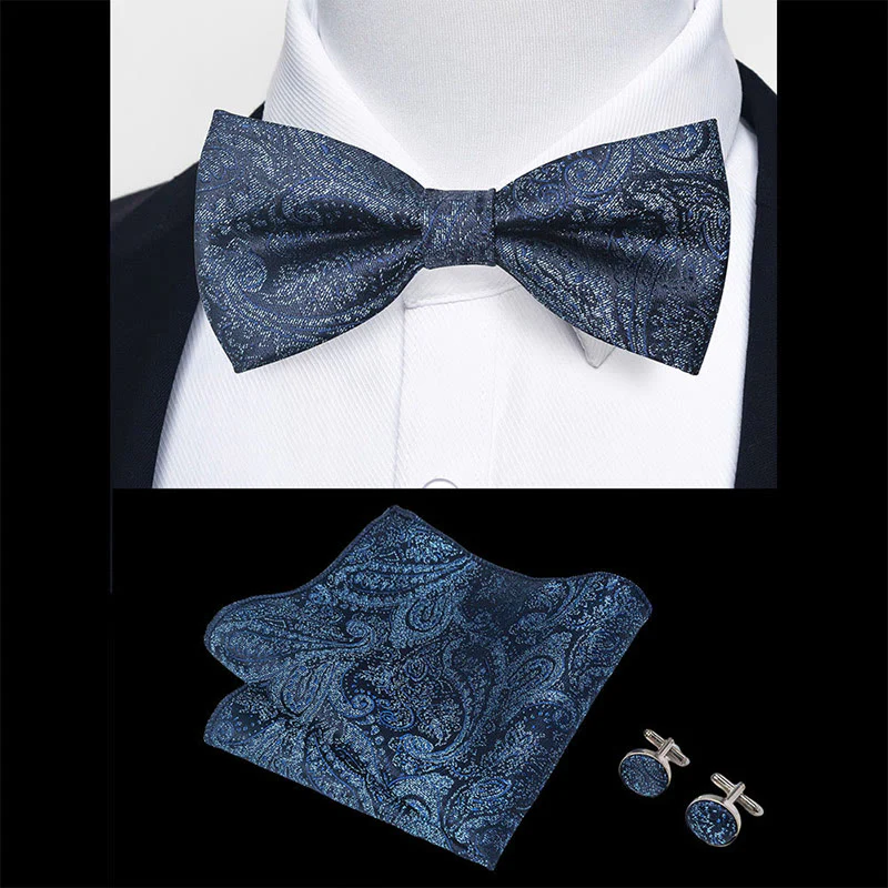 3Pcs Men's Textured Fabric Bow Tie Cufflink And Pocket Square Set - Image 14