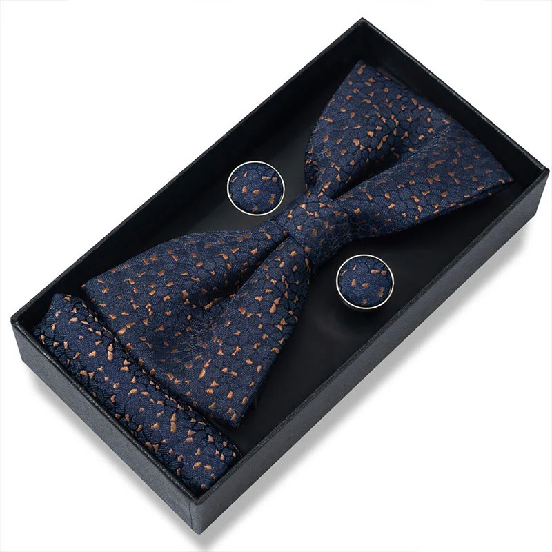 3Pcs Men's Textured Fabric Bow Tie Cufflink And Pocket Square Set - Image 17