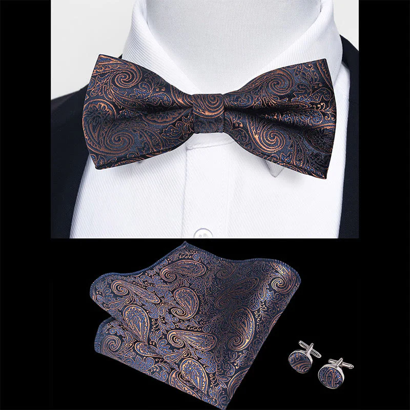 3Pcs Men's Textured Fabric Bow Tie Cufflink And Pocket Square Set - Image 2