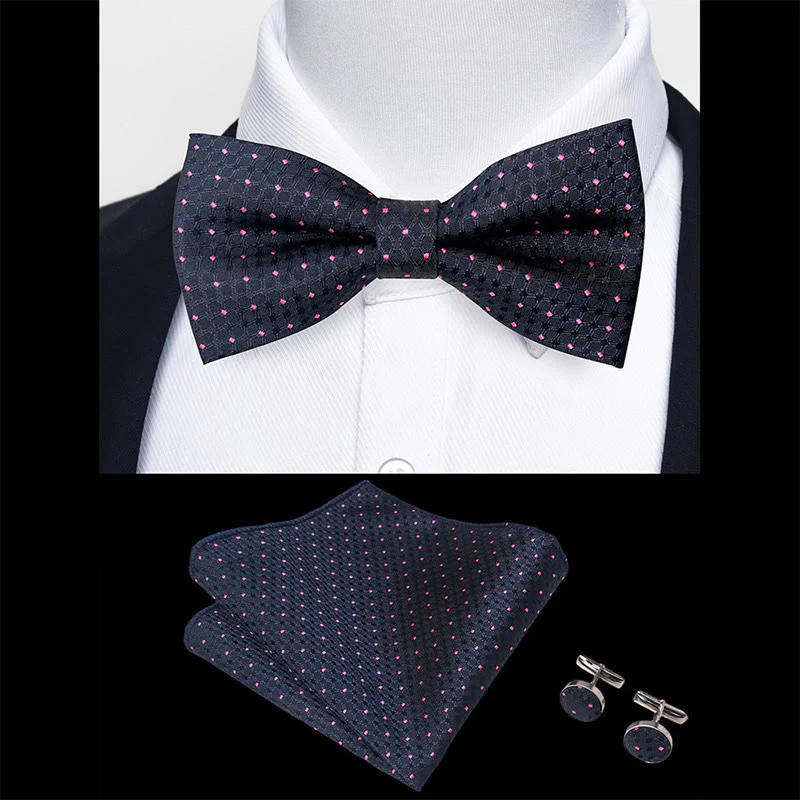 3Pcs Men's Textured Fabric Bow Tie Cufflink And Pocket Square Set - Image 20