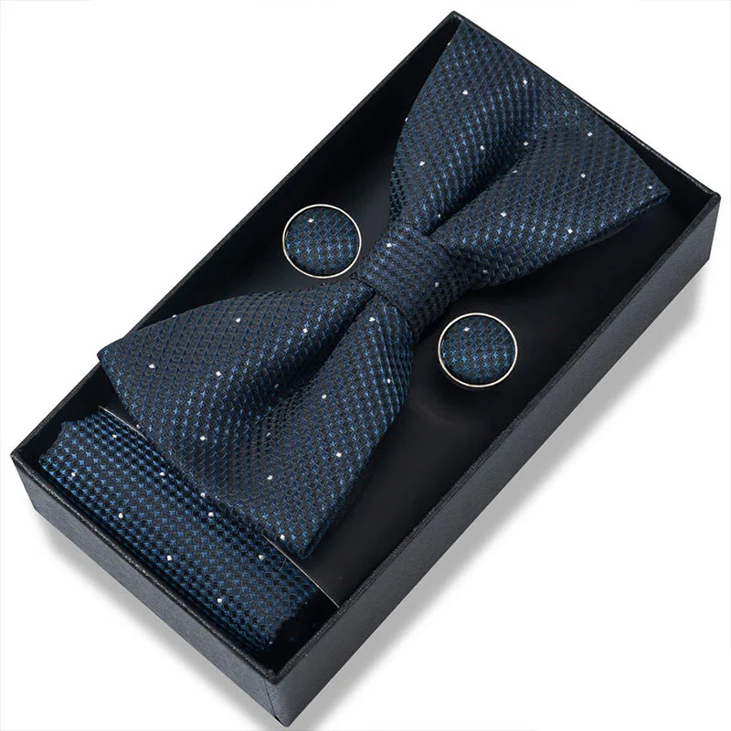 3Pcs Men's Textured Fabric Bow Tie Cufflink And Pocket Square Set - Image 21