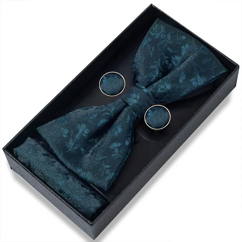 3Pcs Men's Textured Fabric Bow Tie Cufflink And Pocket Square Set - Image 23