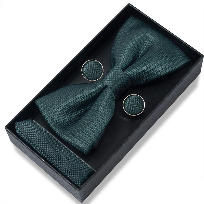 3Pcs Men's Textured Fabric Bow Tie Cufflink And Pocket Square Set - Image 25
