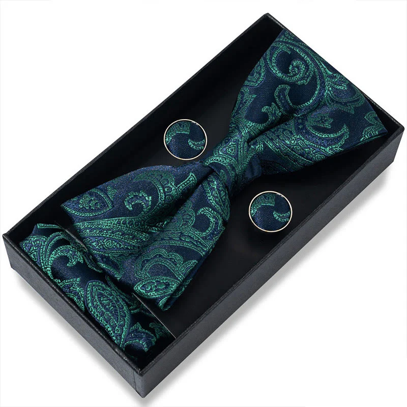 3Pcs Men's Textured Fabric Bow Tie Cufflink And Pocket Square Set - Image 27