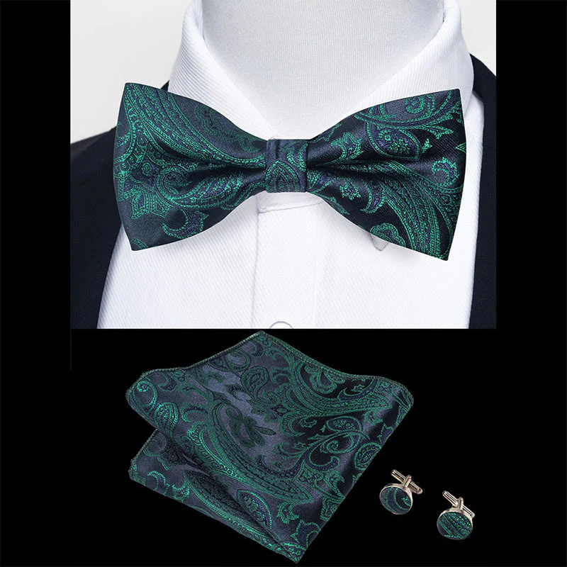 3Pcs Men's Textured Fabric Bow Tie Cufflink And Pocket Square Set - Image 28