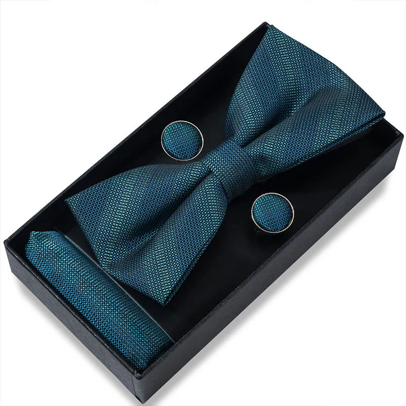 3Pcs Men's Textured Fabric Bow Tie Cufflink And Pocket Square Set - Image 29