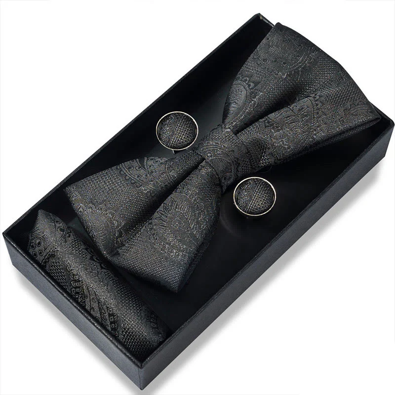 3Pcs Men's Textured Fabric Bow Tie Cufflink And Pocket Square Set - Image 3