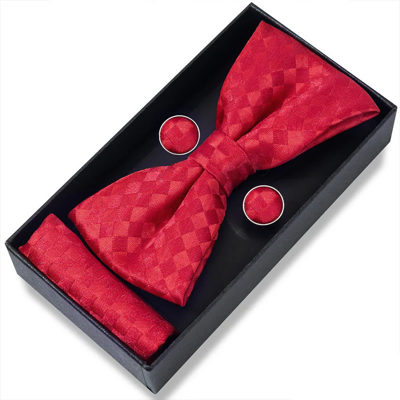 3Pcs Men's Textured Fabric Bow Tie Cufflink And Pocket Square Set - Image 33