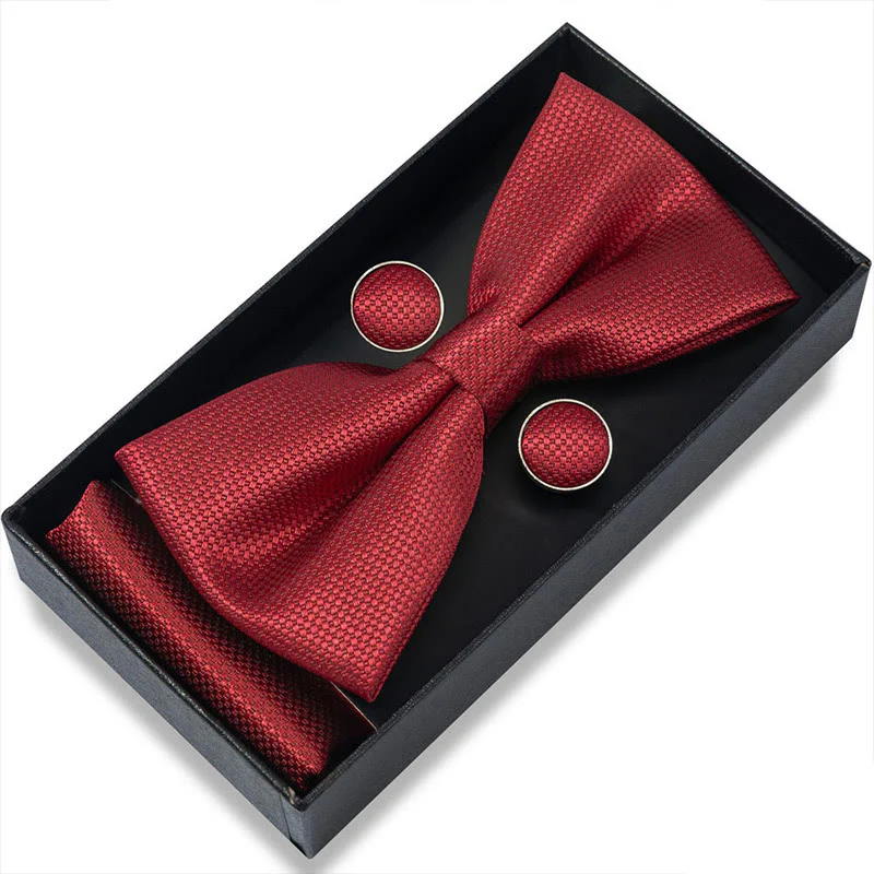 3Pcs Men's Textured Fabric Bow Tie Cufflink And Pocket Square Set - Image 35