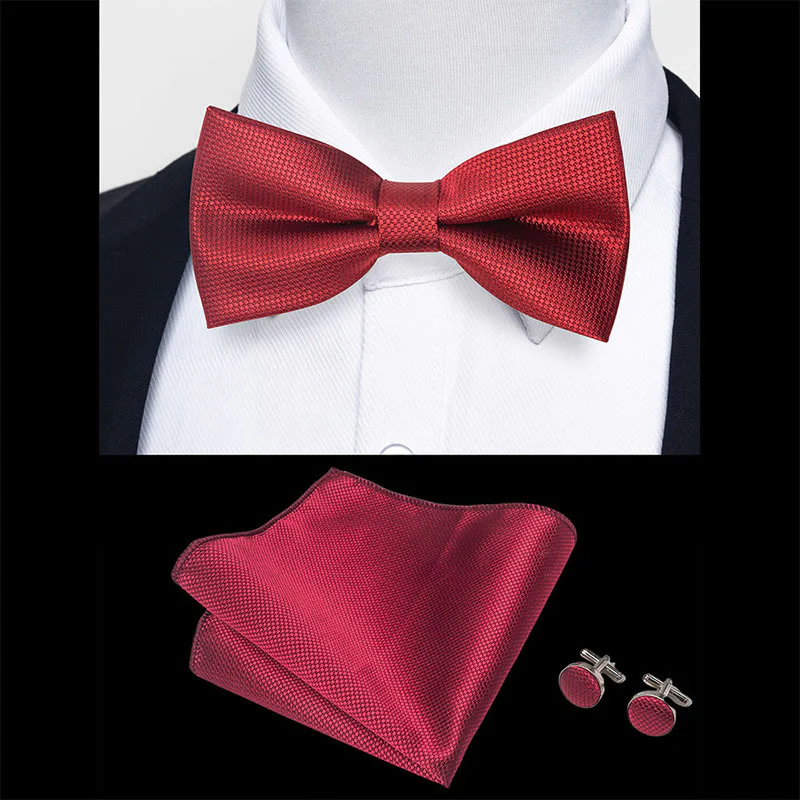 3Pcs Men's Textured Fabric Bow Tie Cufflink And Pocket Square Set - Image 36