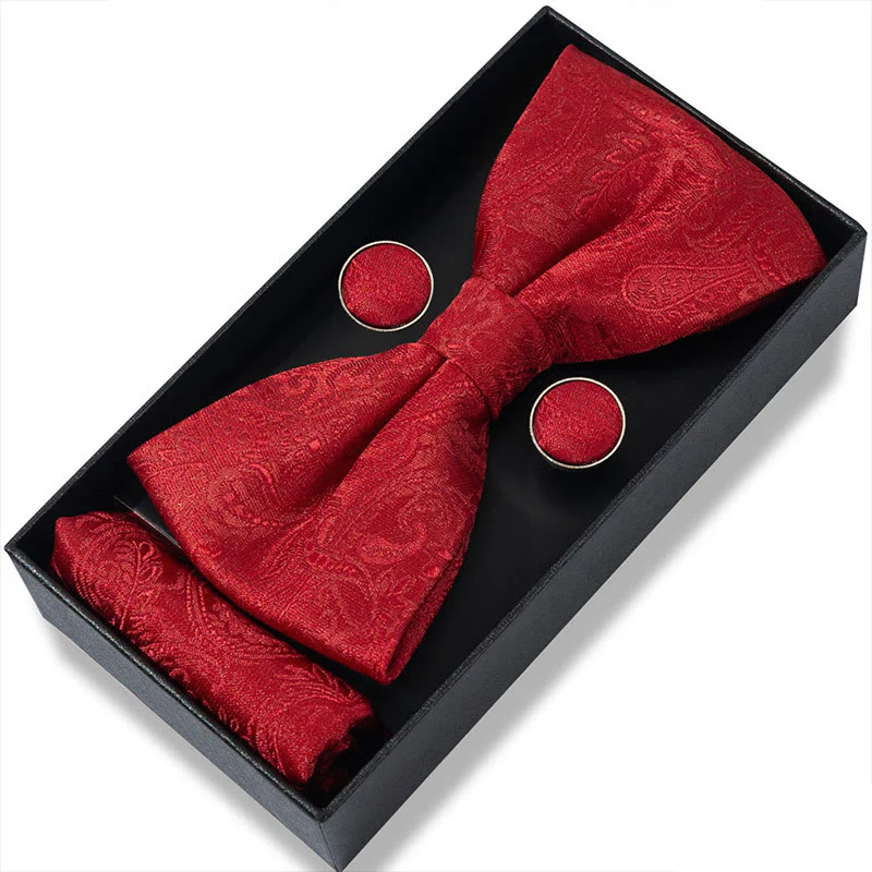 3Pcs Men's Textured Fabric Bow Tie Cufflink And Pocket Square Set - Image 37