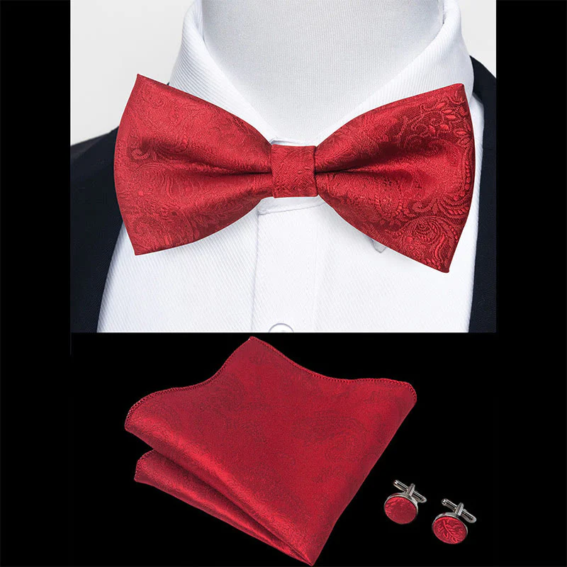 3Pcs Men's Textured Fabric Bow Tie Cufflink And Pocket Square Set - Image 38