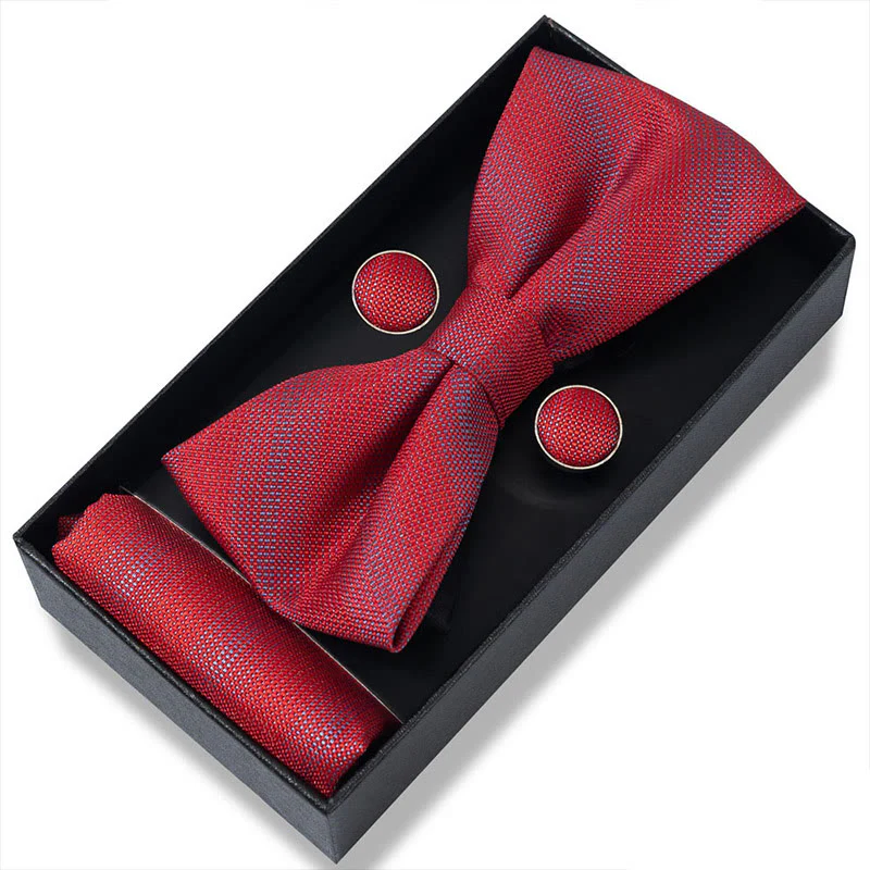 3Pcs Men's Textured Fabric Bow Tie Cufflink And Pocket Square Set - Image 39