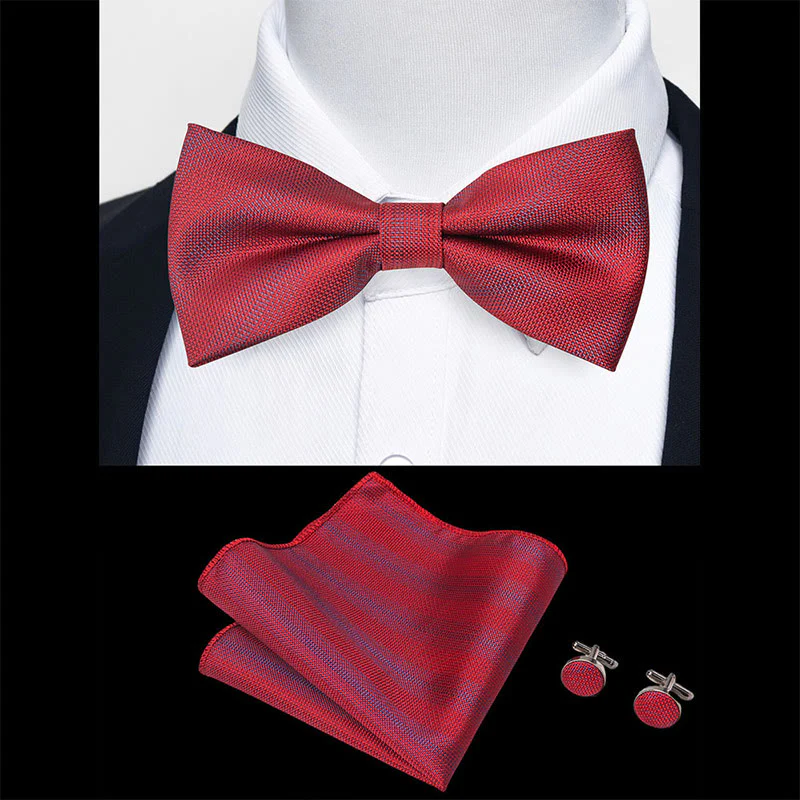 3Pcs Men's Textured Fabric Bow Tie Cufflink And Pocket Square Set - Image 40