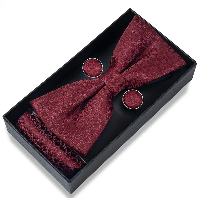 3Pcs Men's Textured Fabric Bow Tie Cufflink And Pocket Square Set - Image 41