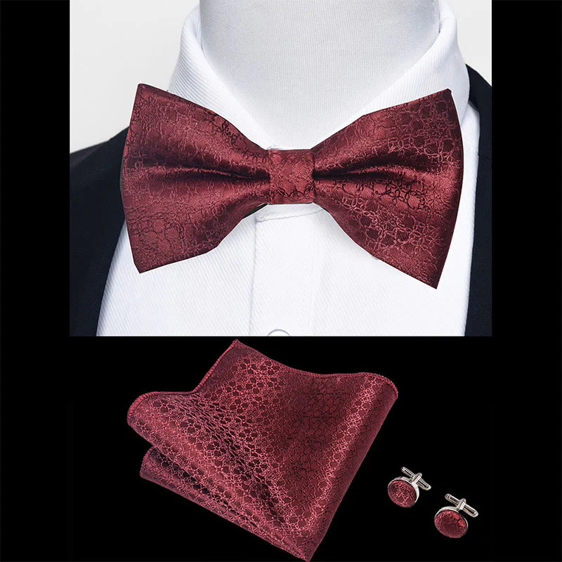 3Pcs Men's Textured Fabric Bow Tie Cufflink And Pocket Square Set - Image 42