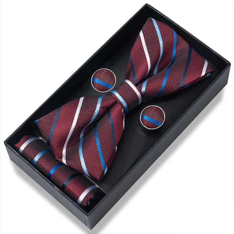 3Pcs Men's Textured Fabric Bow Tie Cufflink And Pocket Square Set - Image 43