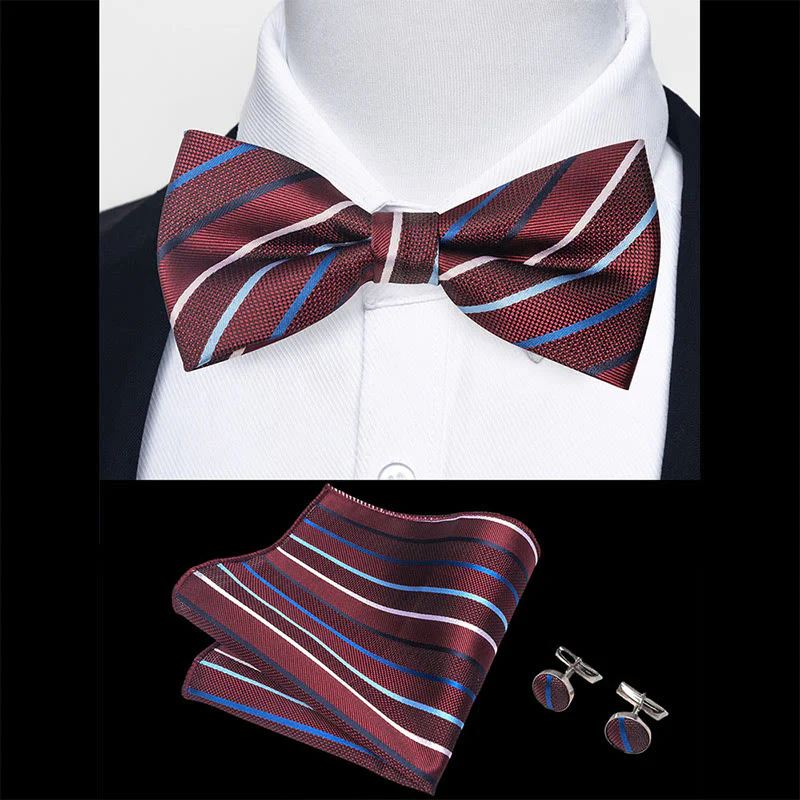 3Pcs Men's Textured Fabric Bow Tie Cufflink And Pocket Square Set - Image 44