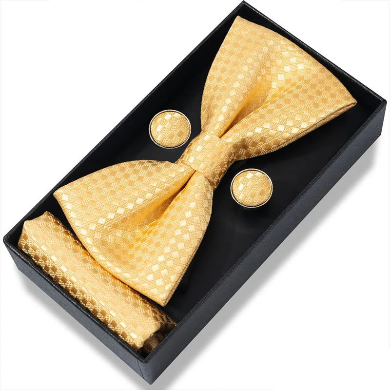 3Pcs Men's Textured Fabric Bow Tie Cufflink And Pocket Square Set - Image 45