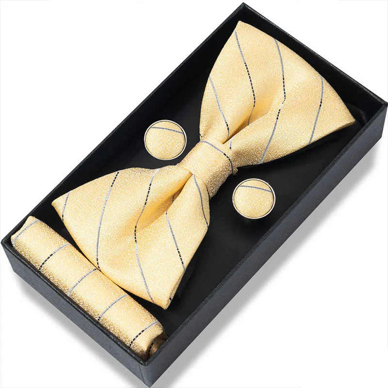 3Pcs Men's Textured Fabric Bow Tie Cufflink And Pocket Square Set - Image 47
