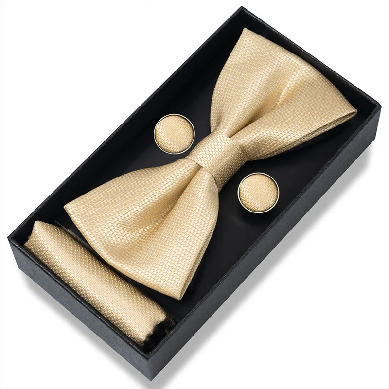 3Pcs Men's Textured Fabric Bow Tie Cufflink And Pocket Square Set - Image 49