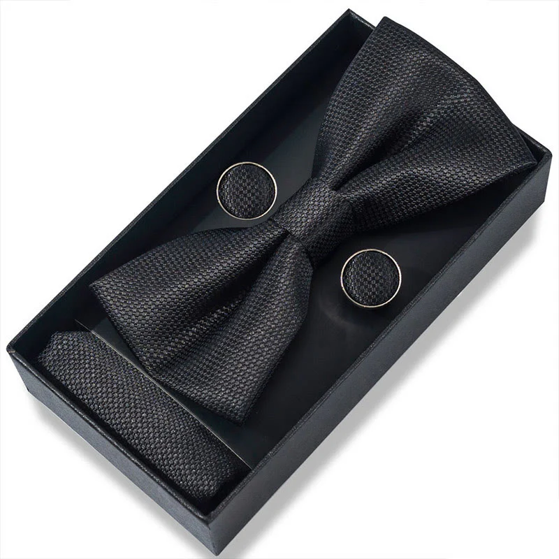 3Pcs Men's Textured Fabric Bow Tie Cufflink And Pocket Square Set - Image 5