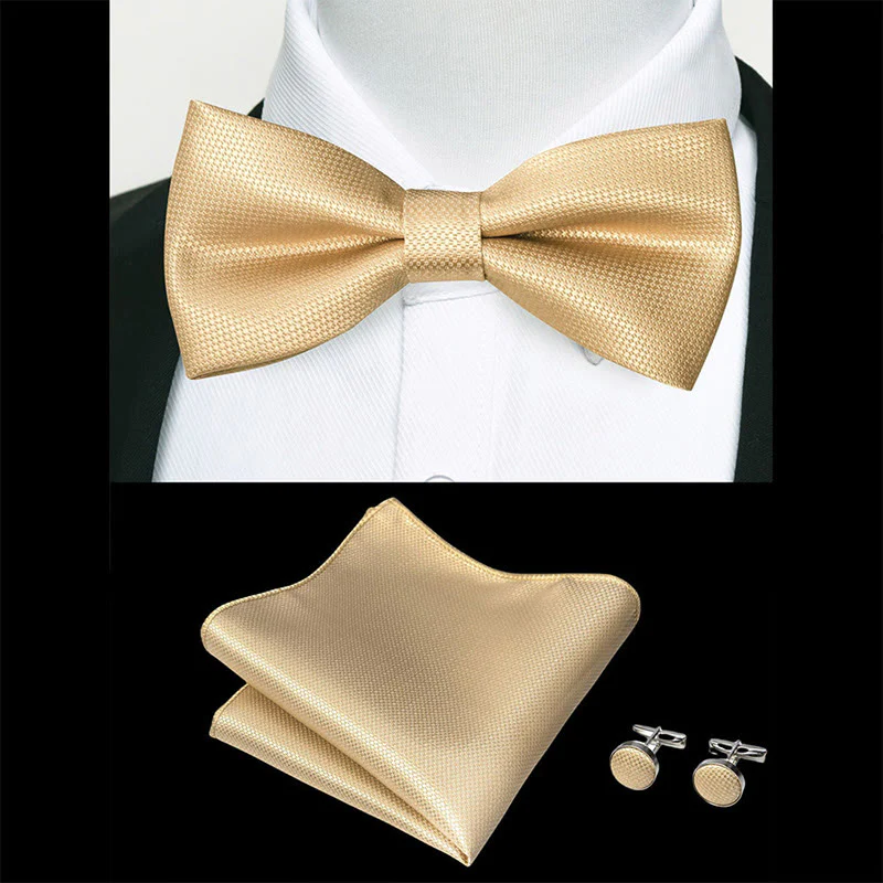 3Pcs Men's Textured Fabric Bow Tie Cufflink And Pocket Square Set - Image 50