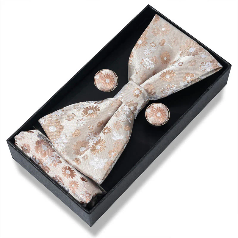 3Pcs Men's Textured Fabric Bow Tie Cufflink And Pocket Square Set - Image 51