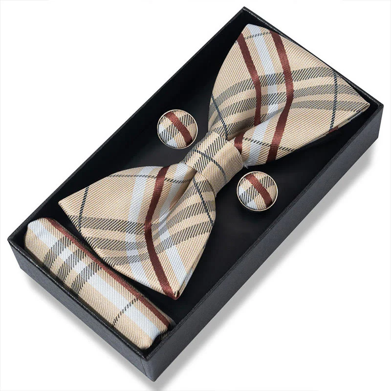 3Pcs Men's Textured Fabric Bow Tie Cufflink And Pocket Square Set - Image 53