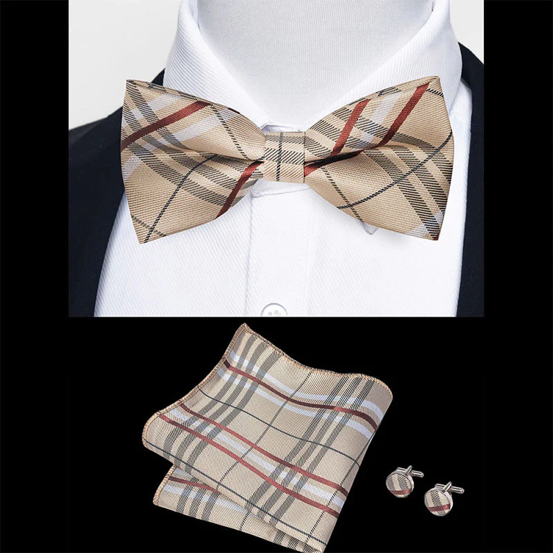 3Pcs Men's Textured Fabric Bow Tie Cufflink And Pocket Square Set - Image 54