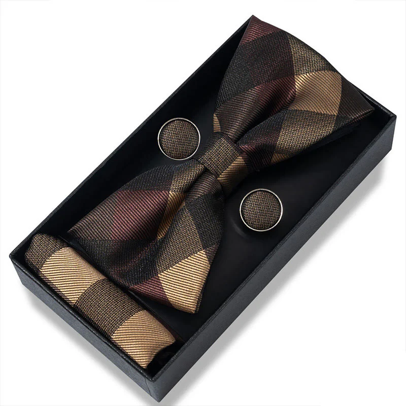 3Pcs Men's Textured Fabric Bow Tie Cufflink And Pocket Square Set - Image 55