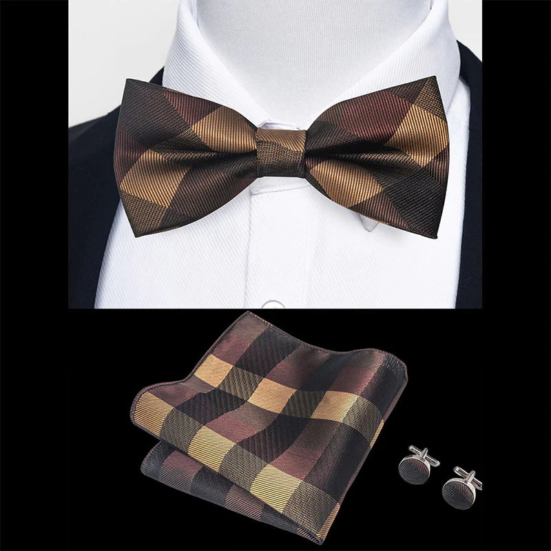 3Pcs Men's Textured Fabric Bow Tie Cufflink And Pocket Square Set - Image 56