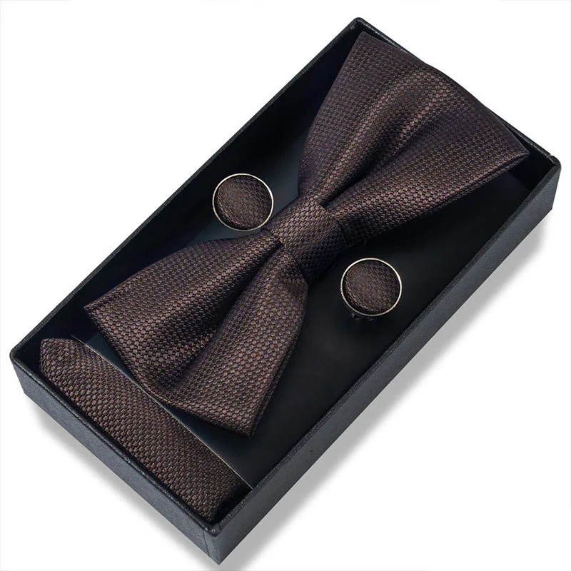 3Pcs Men's Textured Fabric Bow Tie Cufflink And Pocket Square Set - Image 57