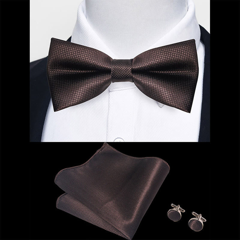 3Pcs Men's Textured Fabric Bow Tie Cufflink And Pocket Square Set - Image 58