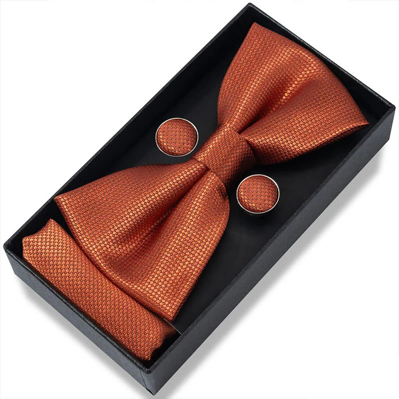3Pcs Men's Textured Fabric Bow Tie Cufflink And Pocket Square Set - Image 59
