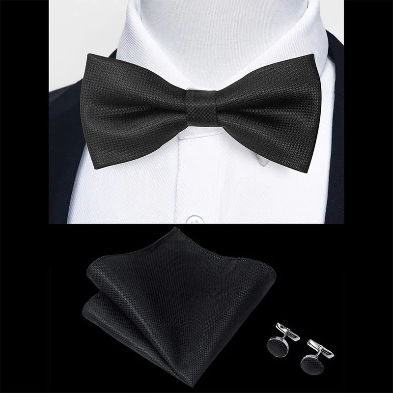 3Pcs Men's Textured Fabric Bow Tie Cufflink And Pocket Square Set - Image 6