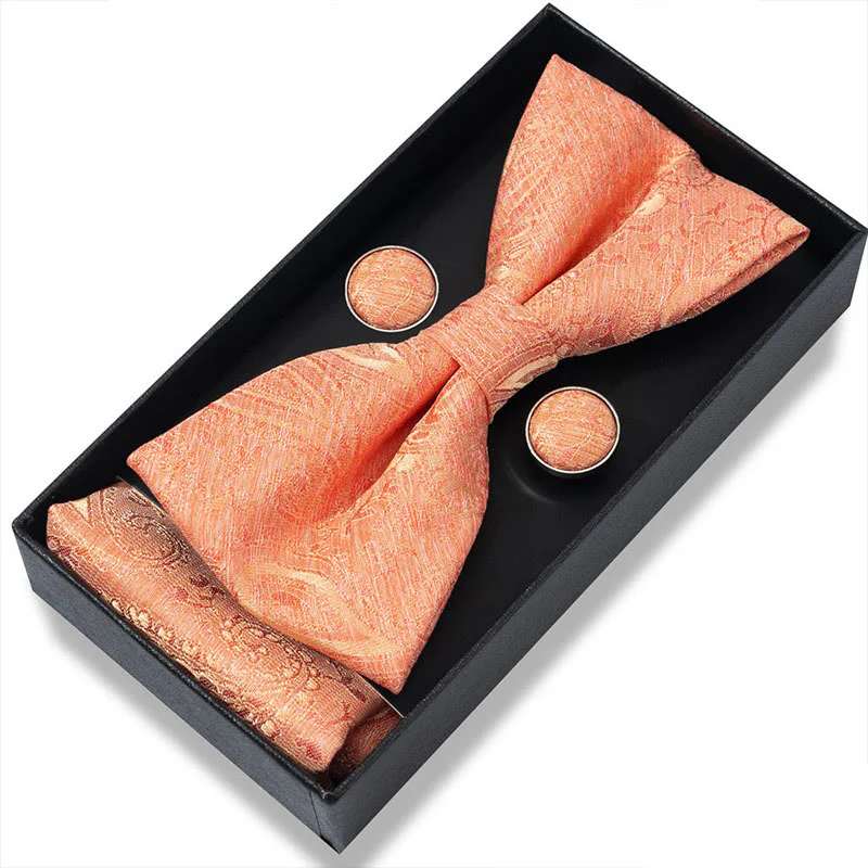 3Pcs Men's Textured Fabric Bow Tie Cufflink And Pocket Square Set - Image 61