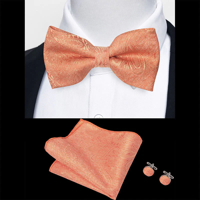 3Pcs Men's Textured Fabric Bow Tie Cufflink And Pocket Square Set - Image 62