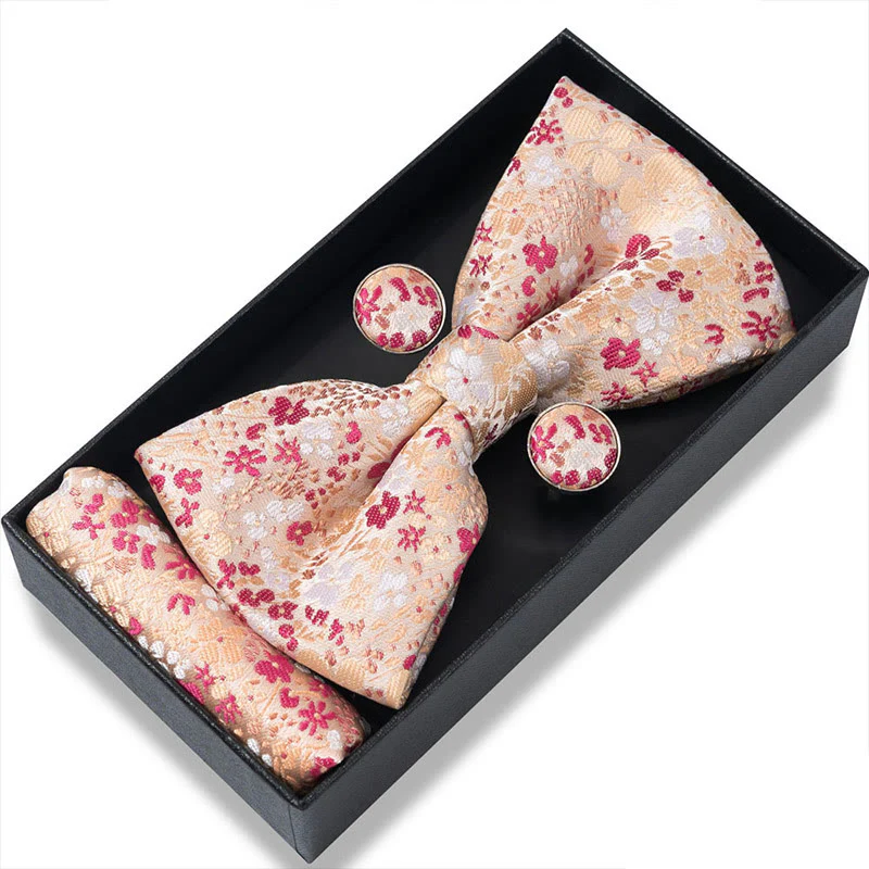 3Pcs Men's Textured Fabric Bow Tie Cufflink And Pocket Square Set - Image 63